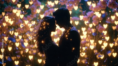 Silhouetted couple embraces softly under glowing heart lights