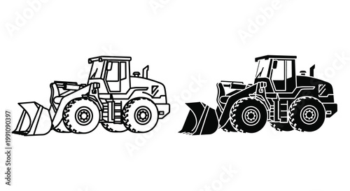 Two black and white illustrations of a front end wheel loader