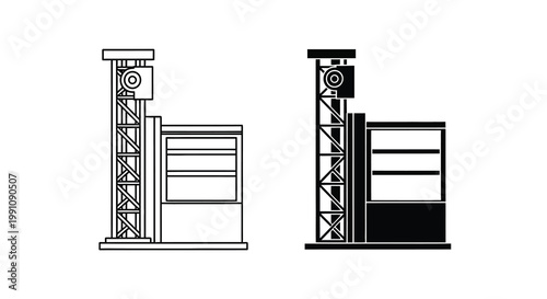 Two black and white line drawings of automated teller machines