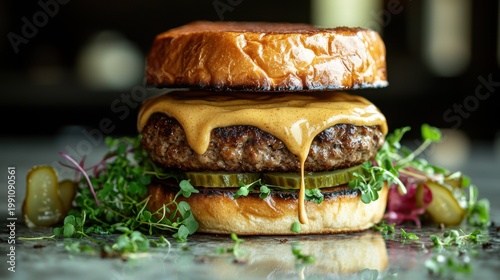 Premium gourmet burger with honey mustard sauce drizzling over beef patty garnished with fresh microgreens and pickles on rustic wooden surface