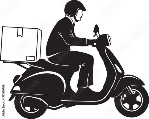 Delivery man on scooter, food delivery rider, courier on moped, black vector icon
