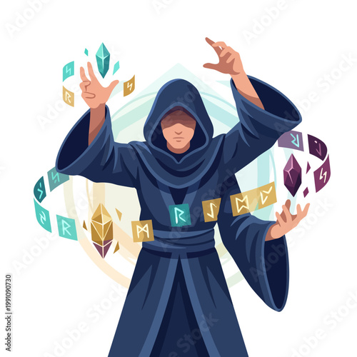 A hooded figure conjures magical crystals and symbols with hands raised, embodying the essence of fantasy and mysticism in a captivating, colorful illustration.