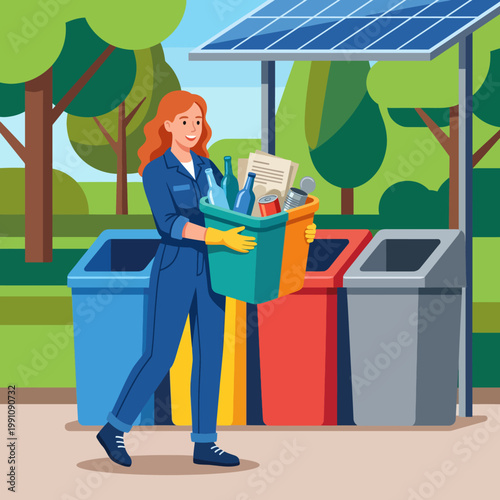 A smiling woman wearing gloves carries a recycling bin filled with bottles and papers, promoting eco-friendly habits and sustainability in a vibrant outdoor setting.