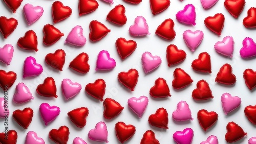 Heart-shaped balloons in red and pink float across a plain white surface