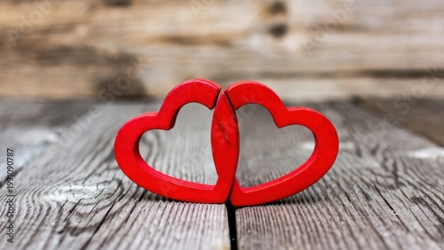 Two red hearts interlock on rustic wooden planks