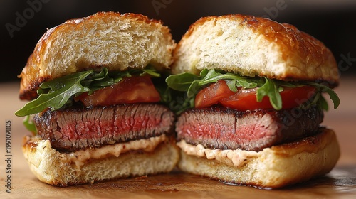 Premium wagyu slider cut in half revealing perfectly cooked medium-rare beef with distinctive marbling, fresh arugula, tomato and creamy mayo on artisanal brioche bun