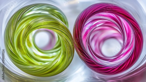 Fiber path detail dynamic spiral light trails twisted bundles helical formations vibrant lime green magenta photons curved trajectories transparent medium