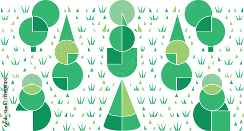 Grass Texture Flat Geometric Pattern Manicured Lawn Green Shrubs Topiary