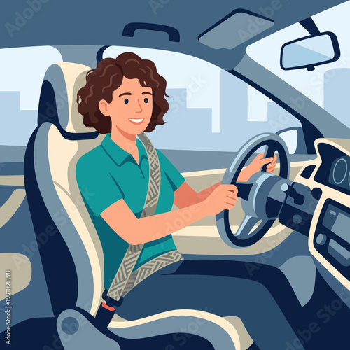 A cheerful woman drives a car through a vibrant city, showcasing the joy and freedom associated with urban life and the experience of independent travel.
