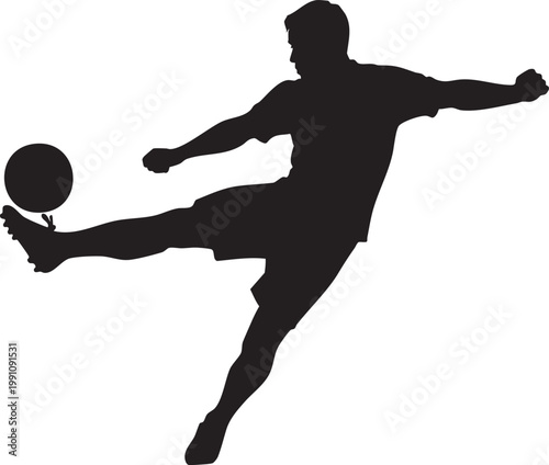 Soccer player kicking ball, black silhouette, sports icon, athletic motion, football kick