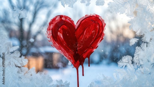 Red heart drawn on frosty windowpane