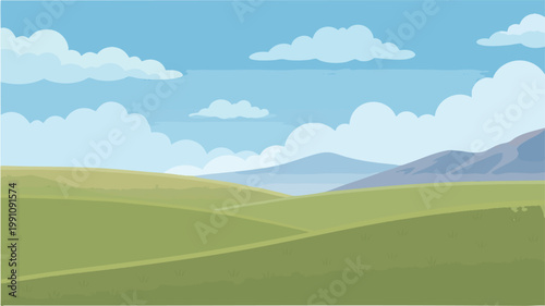 Grass Texture Rolling Green Hills Landscape Under Blue Sky Vector Scene