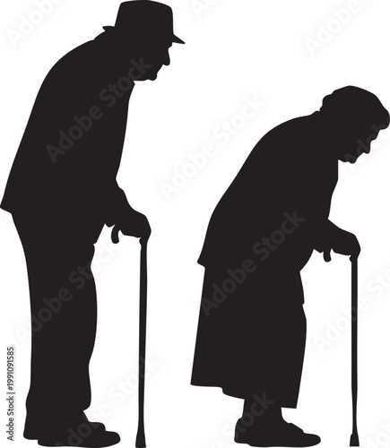Elderly people, senior citizens, old men, black silhouettes, walking sticks