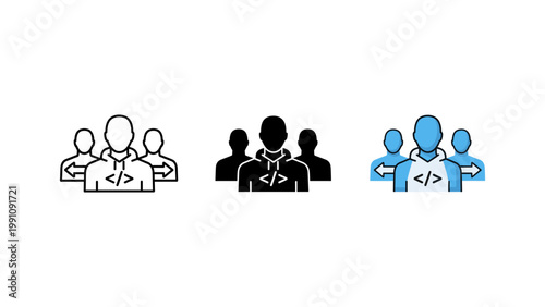 A group of software developers or programmers with a code symbol illustrates a collaborative tech team.