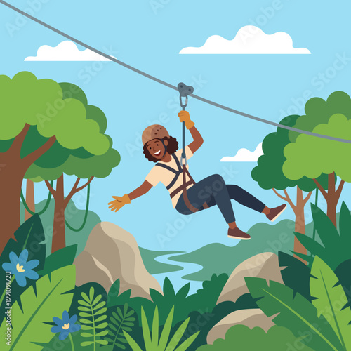 A person ziplining through a lush green forest, showcasing the thrill of outdoor adventures and the beauty of nature with vibrant trees and a serene river below.