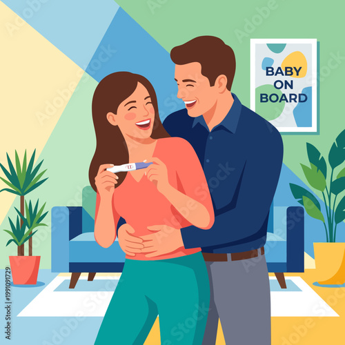 A joyful couple embraces, celebrating their pregnancy announcement with a homey backdrop, representing love, family, and the joy of anticipation for new beginnings.