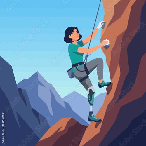 A determined woman climbs a rock face using a prosthetic leg, showcasing resilience and strength. This image embodies adventure, overcoming obstacles, and empowerment.