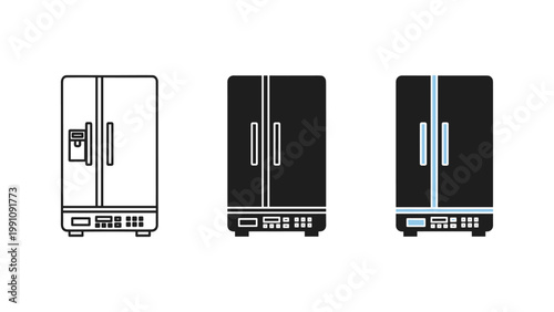 A modern double-door refrigerator with a water dispenser represents kitchen appliances and food preservation.