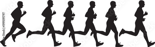 Running silhouettes, jogging figures, athletic icons, fitness illustrations, black vector graphics