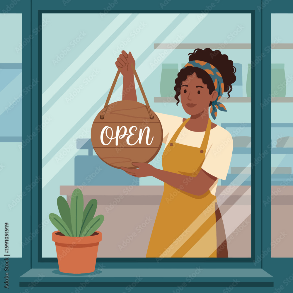 Ταπετσαρία A warm invitation to customers, this image depicts a shop owner cheerfully holding an open sign in a bright window, showcasing a welcoming atmosphere and community spirit