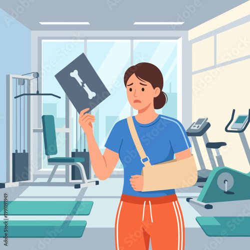 Bild auf Leinwand An illustration of a woman in a gym holding an X-ray of her injured arm, emphasizing physical fitness, injury awareness, and the importance of self-care in health