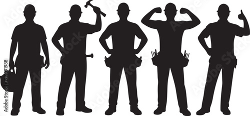 Group of industrial construction workers wearing safety gear showing different tools and professional gestures isolated