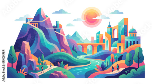 Vibrant vector illustration of a colorful travel destination featuring a mountain range and urban architecture, with people walking along a river under a sunny sky, conveying a joyful
