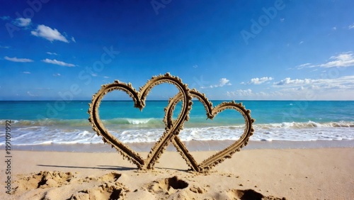 Two heart shapes etched in sand on a beach