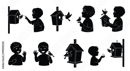 Children interacting with birdhouses and birds in a black and white illustration