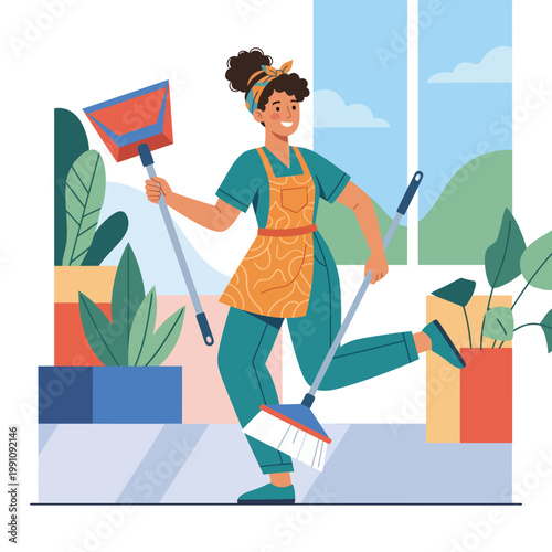 A cheerful woman engages in cleaning activities within a bright and colorful living space, embodying the positive aspects of household chores and personal enjoyment.