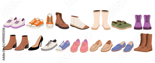 Female Shoes and Boots Collection Vector, Trendy Sandals and Loafers Set, Fashionable Sneakers and Training Shoes in Cartoon Style, Modern Footwear Illustration for Fashion Design and Retail