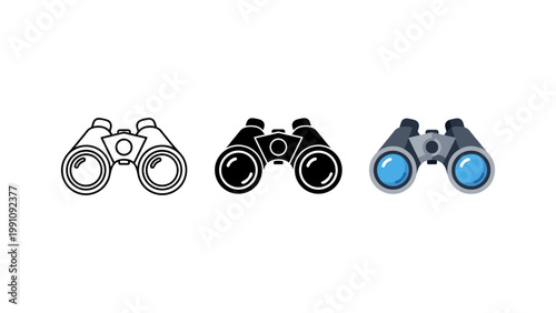 A pair of binoculars in various styles, representing exploration, observation, discovery, and looking into the distance.