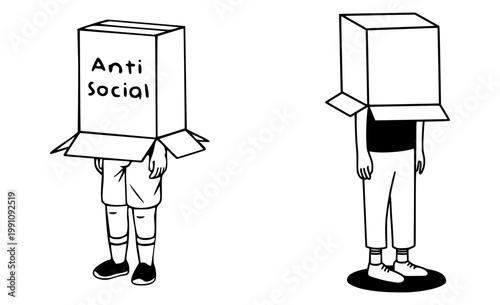 Two cartoon figures wearing boxes over their heads