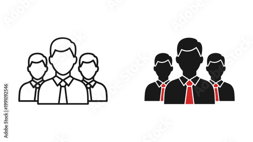 A diverse group of three business people, with a prominent leader in front, is shown in two clear icon styles.