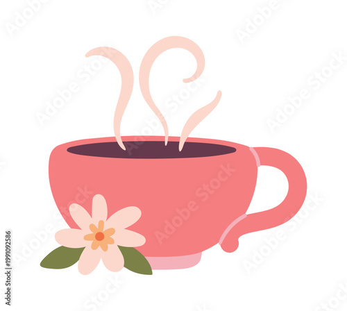 Teacup With Steam And Blossom Cartoon