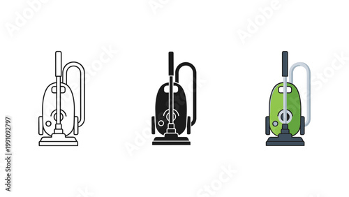 A modern upright vacuum cleaner in three graphic styles, representing household chores, cleaning, and domestic equipment.