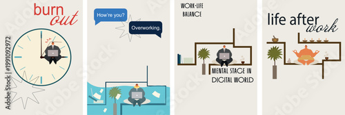 Conceptual illustration series about mental health, stress, and emotional states in modern digital work environment. Minimal flat vector style with symbolic metaphors representing corporate life