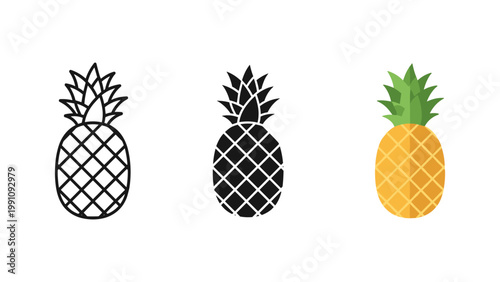 A tropical pineapple fruit in three distinct graphic styles, symbolizing health, freshness, and exotic produce.