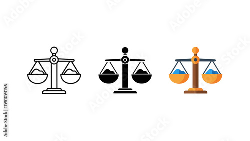 Three stylistic variations of the traditional scales of justice icon, representing balance, law, and fairness.