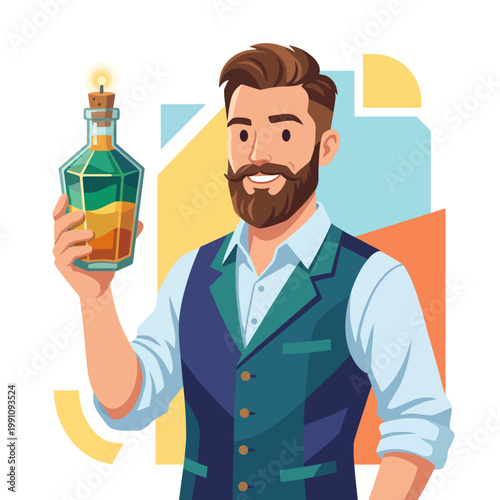 Bilde på lerret A smiling man holds a vintage-style bottle filled with a colorful potion, showcasing a blend of creativity and charisma within a charming, illustrative design
