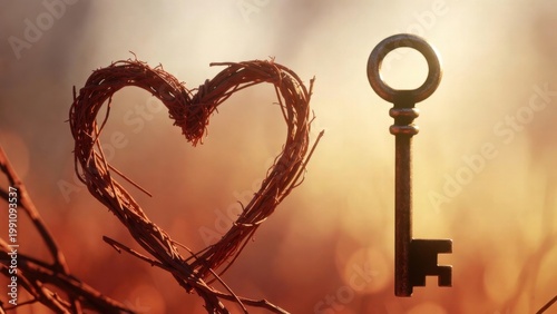 Heart-shaped twig frame glows warmly against golden light