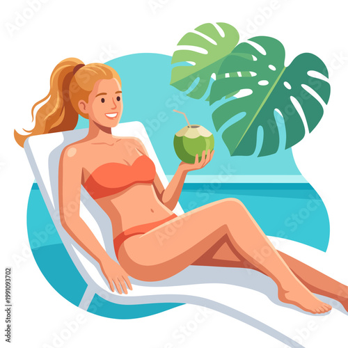 A cheerful woman lounges by the pool, enjoying a refreshing coconut drink under the sun, surrounded by lush tropical elements, conveying serenity and relaxation.