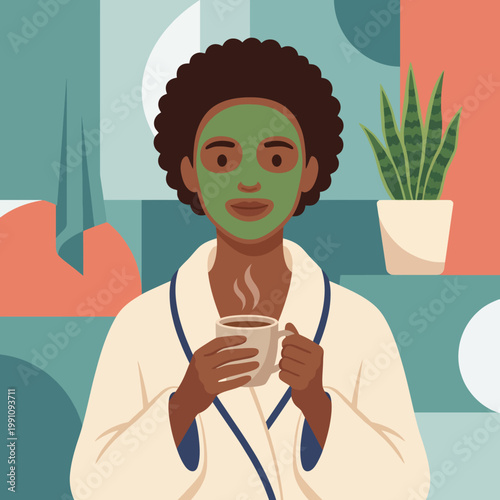 A woman enjoys a calming moment with a green face mask while sipping a warm drink, embodying self-care and relaxation routines in a soothing home environment.