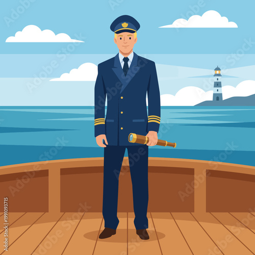 A confident maritime officer stands on the deck of a boat, surveying the horizon, embodying leadership and responsibility while enjoying a stunning ocean view.