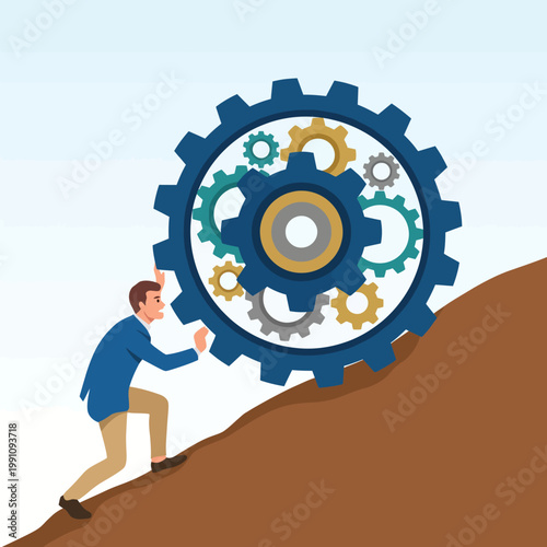 A man struggles to push a large gear uphill, symbolizing perseverance and determination in overcoming challenges, embodying the battle against obstacles in life.