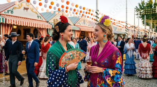 Women in flamenco dress enjoying Seville April Fair celebration