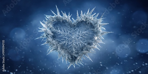 icy heart with sharp frozen spikes glowing in a cold blue background, creating a dramatic winter symbol of love and frost