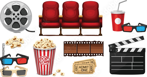 Cinema and Movie Night Icon Set with Film Reel, Popcorn, Theater Seats, Clapperboard, 3D Glasses, and Tickets for Entertainment Designs