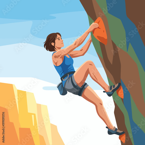 A determined woman is climbing a challenging rock face in a blue sky setting, showcasing strength, focus, and the thrill of adventure in outdoor sports.