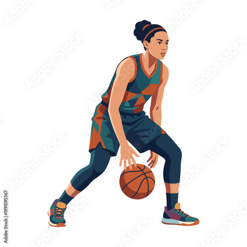 A focused female basketball player skillfully dribbling the ball, showcasing athleticism, talent, and determination in a competitive sports environment.
